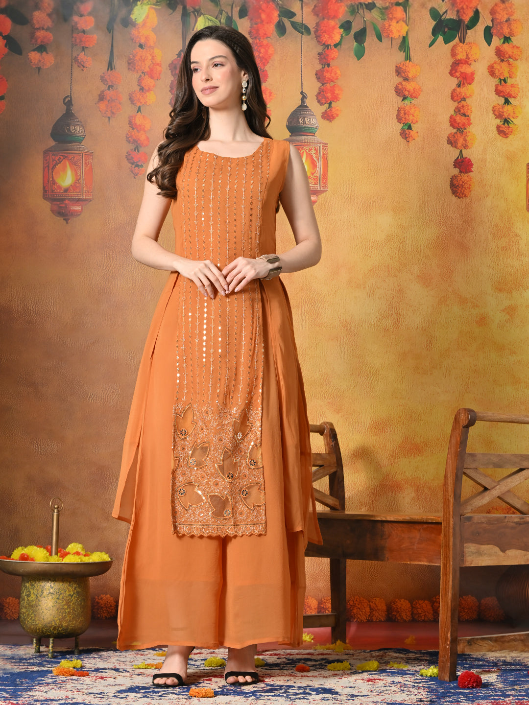 Myshka Women Fanta Embroidered Sleeveless High Slit Kurta Set Festive Wear | Grocsy