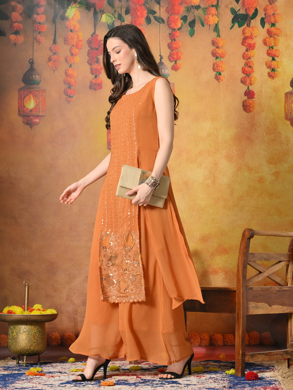 Myshka Women Fanta Embroidered Sleeveless High Slit Kurta Set Festive Wear | Grocsy