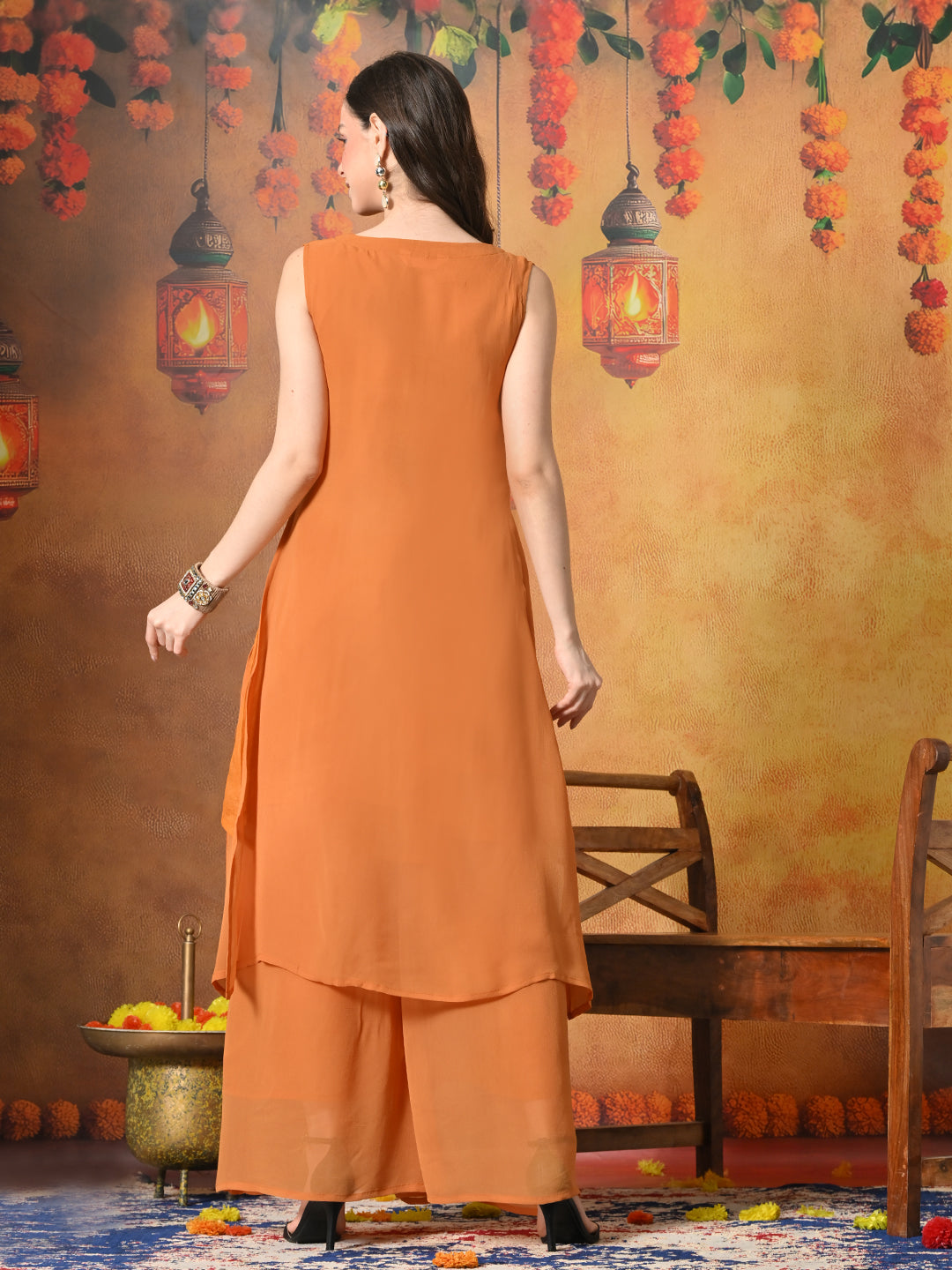 Myshka Women Fanta Embroidered Sleeveless High Slit Kurta Set Festive Wear | Grocsy
