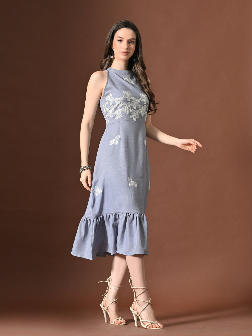 Myshka Women Floral Embroidered Halter Neck Linen A-Line Dress Sleeves | Grocsy
