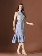 Myshka Women Floral Embroidered Halter Neck Linen A-Line Dress Sleeves | Grocsy