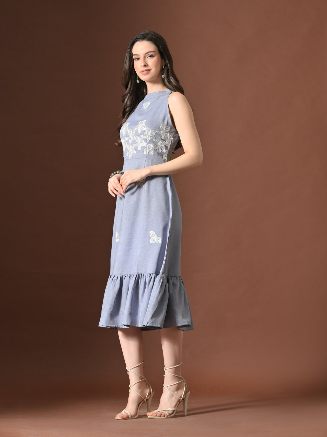 Myshka Women Floral Embroidered Halter Neck Linen A-Line Dress Sleeves | Grocsy