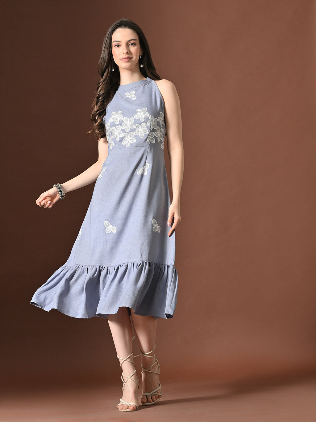 Myshka Women Floral Embroidered Halter Neck Linen A-Line Dress Sleeves | Grocsy