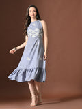 Myshka Women Floral Embroidered Halter Neck Linen A-Line Dress Sleeves | Grocsy