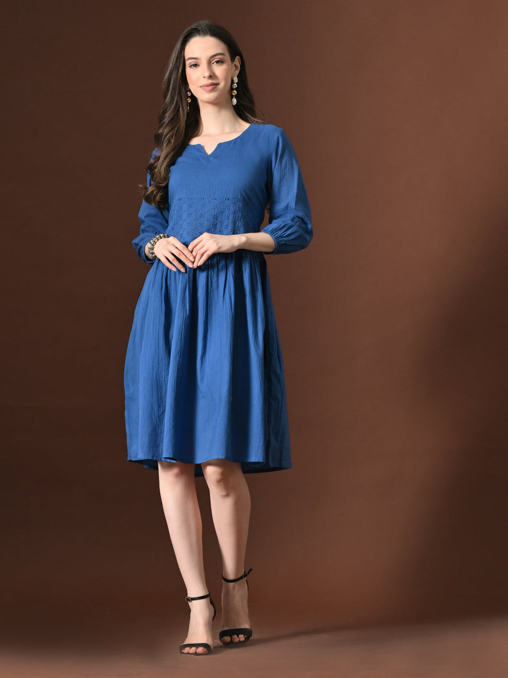Myshka Women Embellished Embroidered Fit & Flare Dress Keyhole Neck Puff Sleeves | Grocsy
