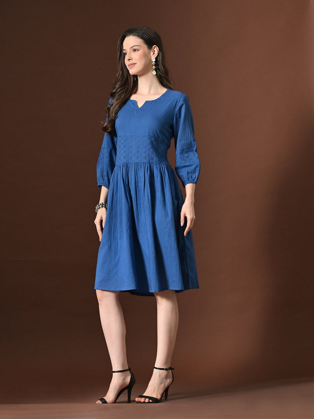 Myshka Women Embellished Embroidered Fit & Flare Dress Keyhole Neck Puff Sleeves | Grocsy