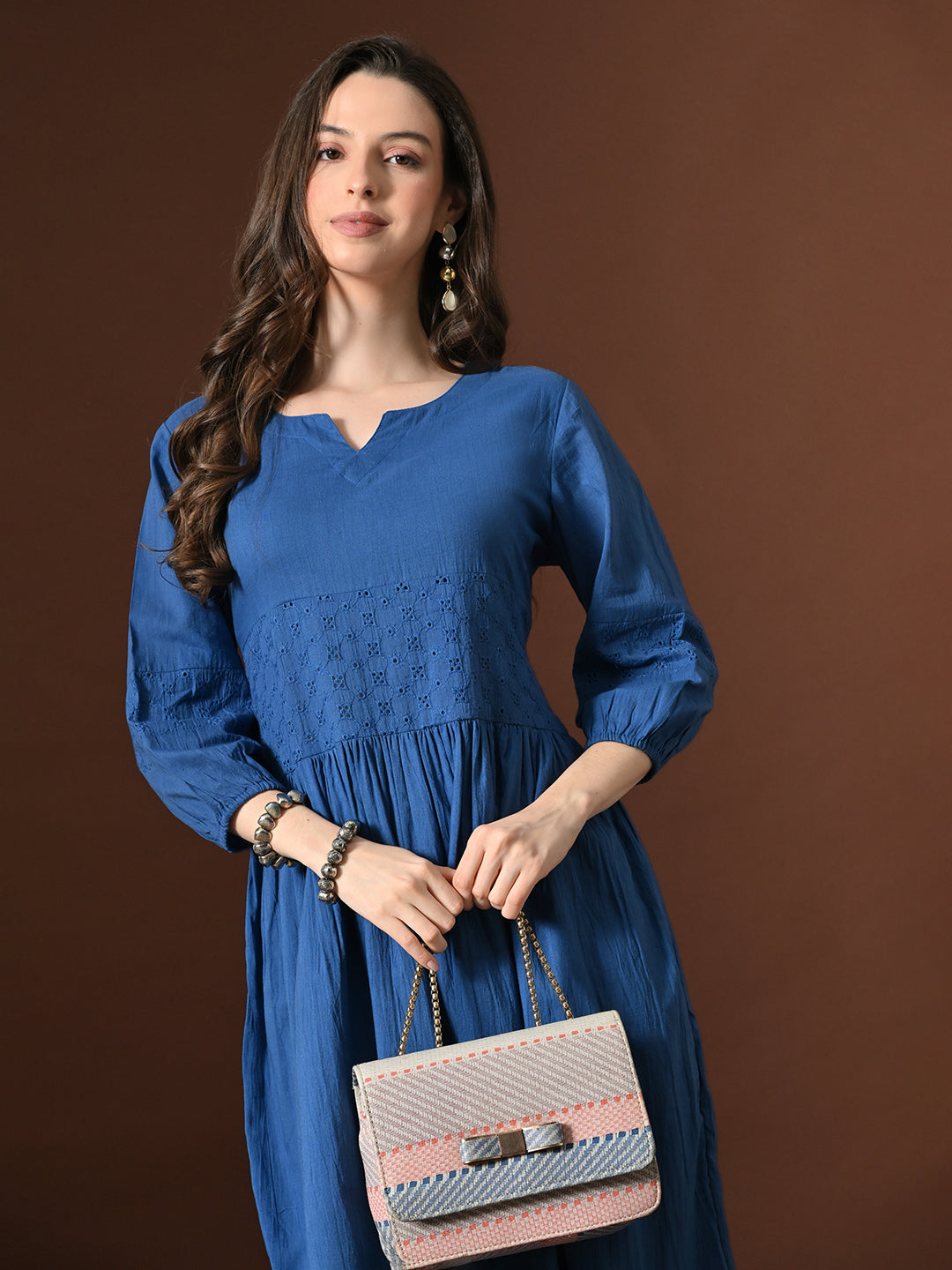 Myshka Women Embellished Embroidered Fit & Flare Dress Keyhole Neck Puff Sleeves | Grocsy