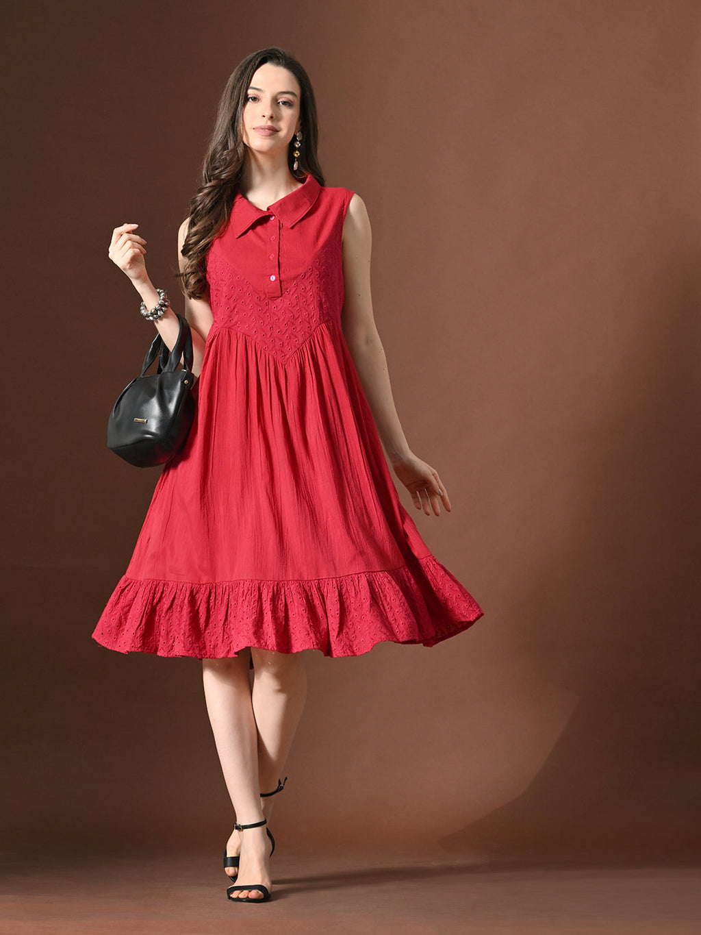 Myshka Women Embellished Embroidered Fit & Flare Dress Shirt Collar Sleeveless | Grocsy