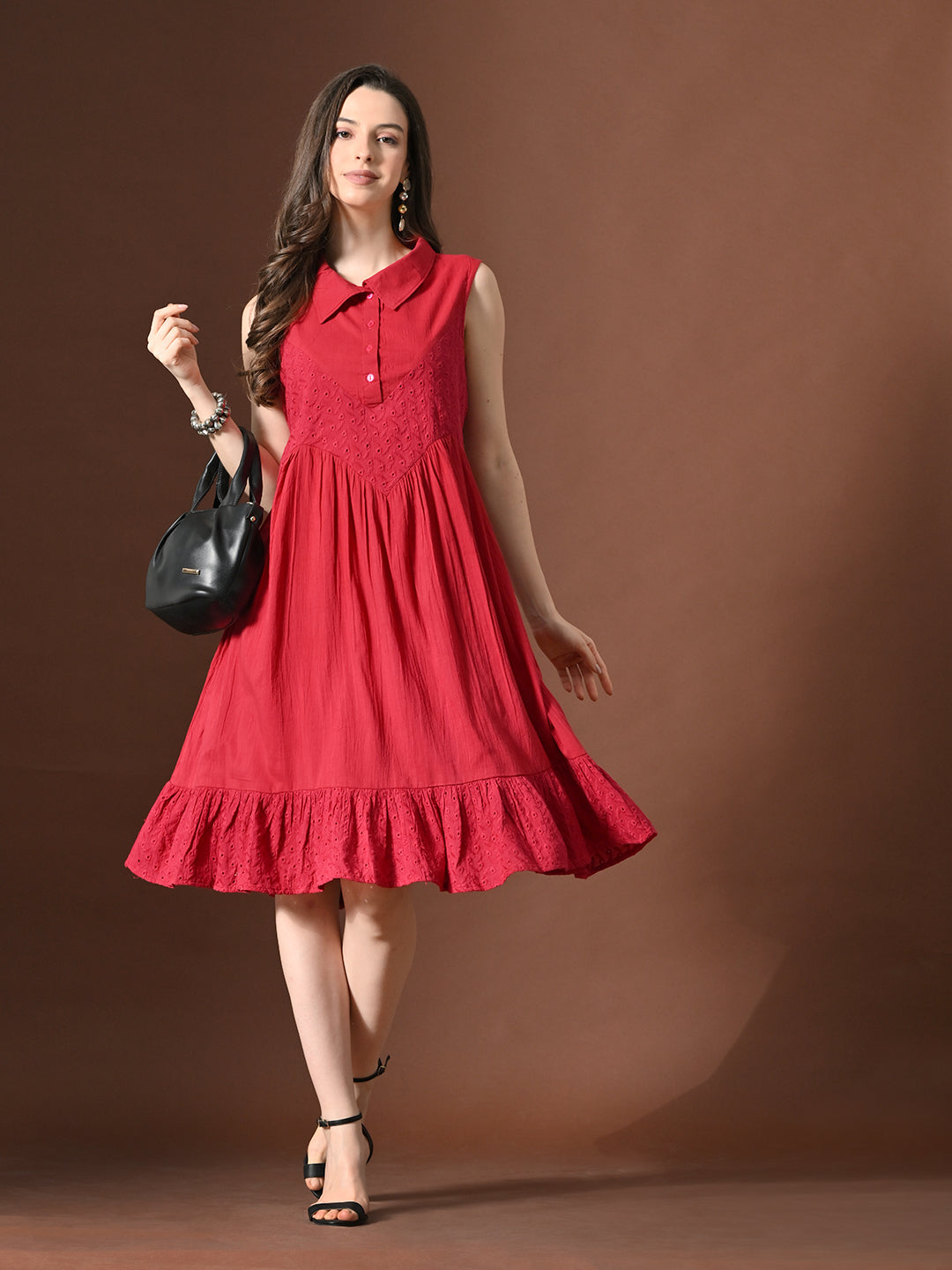 Myshka Women Embellished Embroidered Fit & Flare Dress Shirt Collar Sleeveless | Grocsy