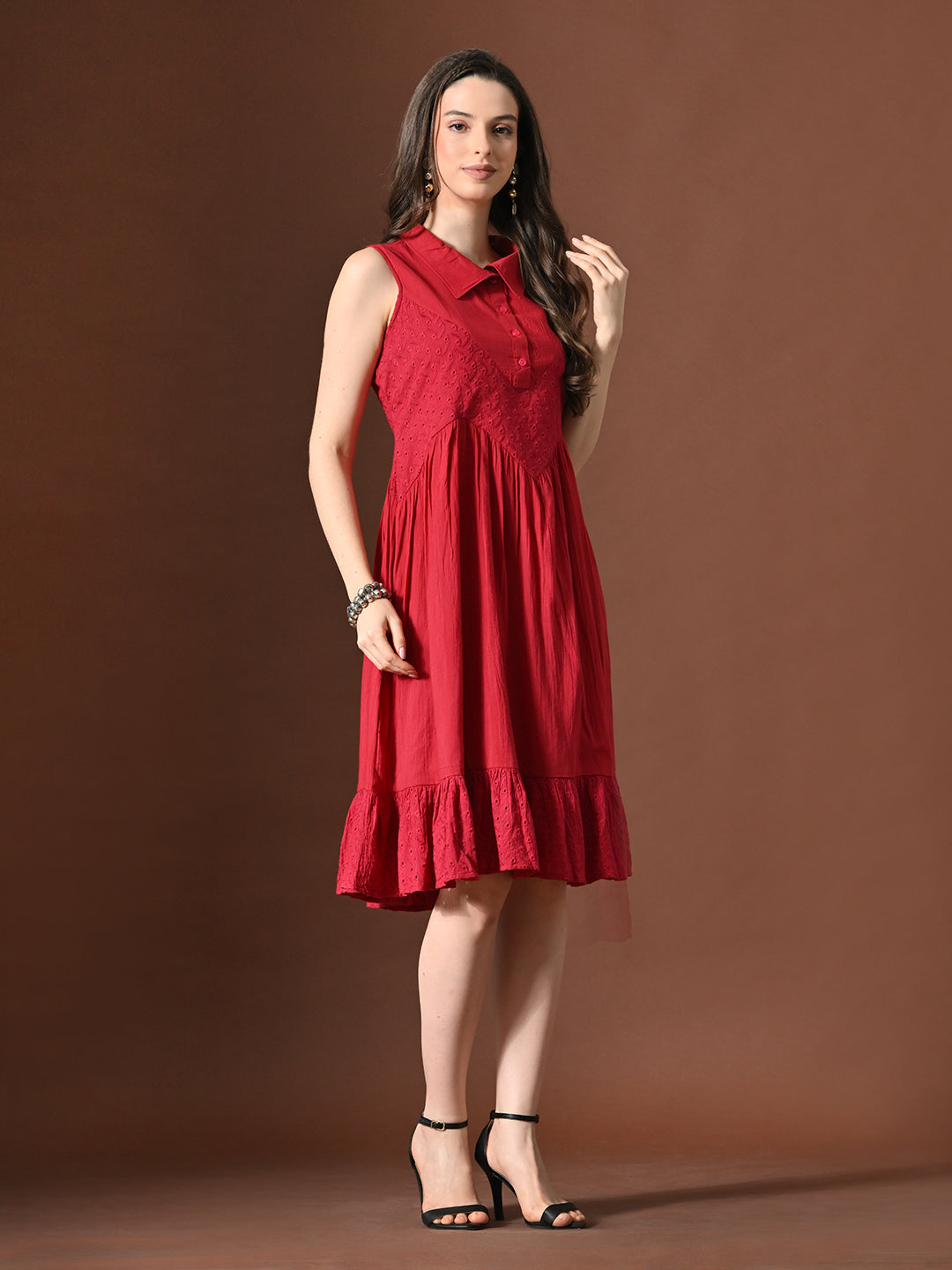 Myshka Women Embellished Embroidered Fit & Flare Dress Shirt Collar Sleeveless | Grocsy