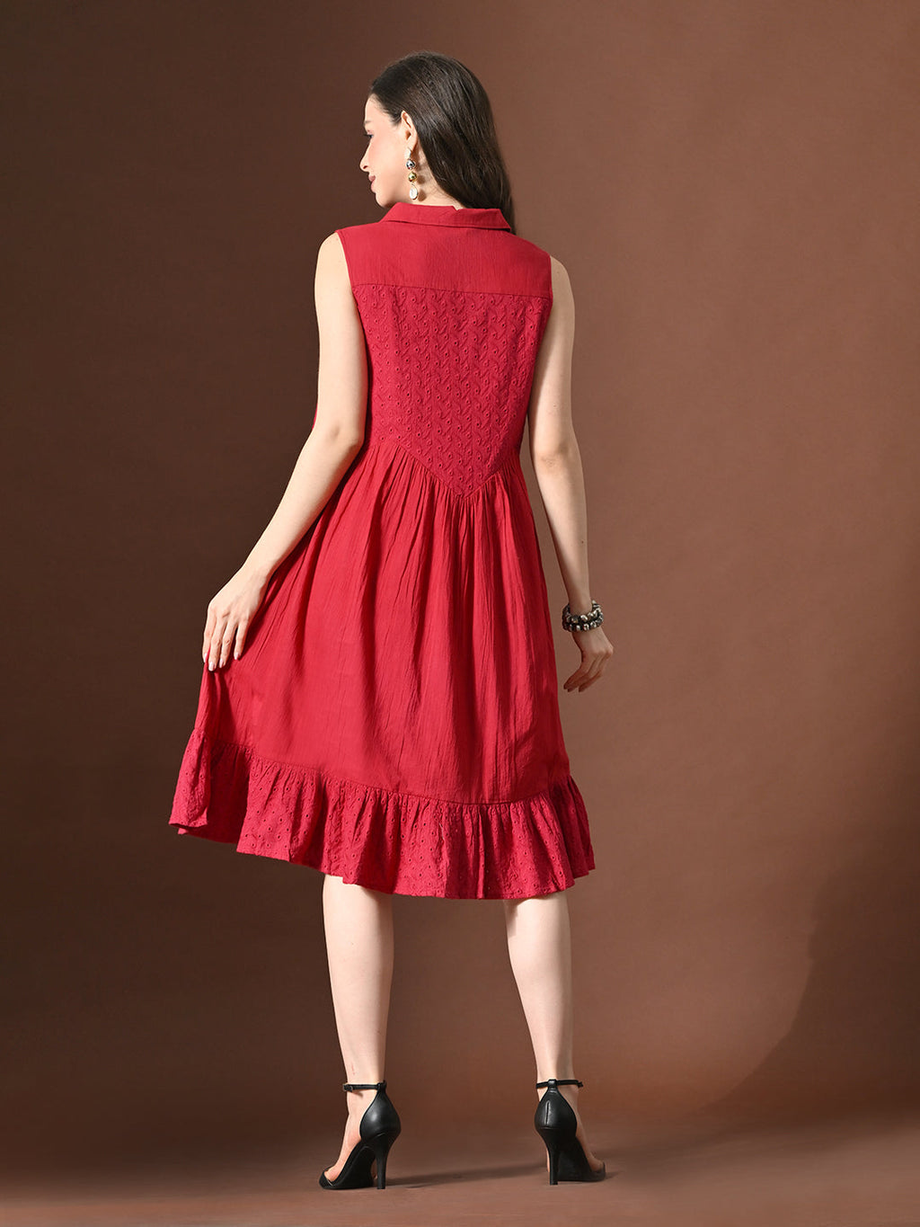 Myshka Women Embellished Embroidered Fit & Flare Dress Shirt Collar Sleeveless | Grocsy