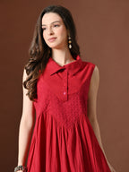 Myshka Women Embellished Embroidered Fit & Flare Dress Shirt Collar Sleeveless | Grocsy