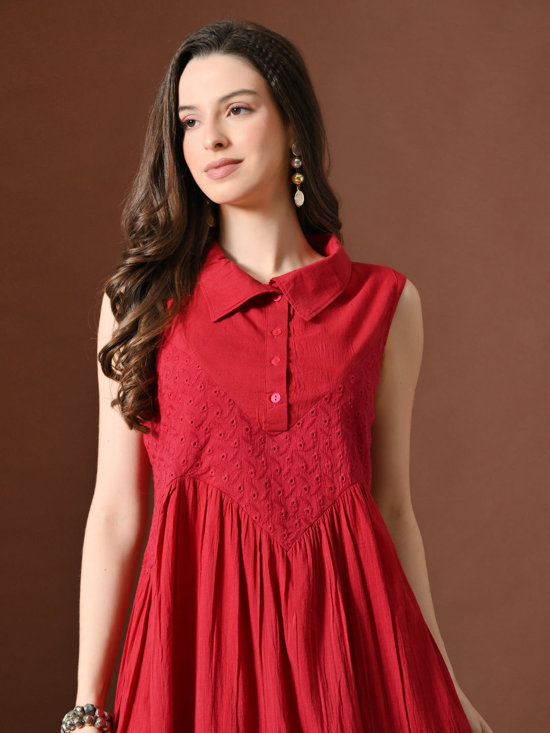 Myshka Women Embellished Embroidered Fit & Flare Dress Shirt Collar Sleeveless | Grocsy