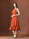 Myshka Women Rust Pure Cotton Sleeveless Schiffli Top and Flared Skirt | Grocsy