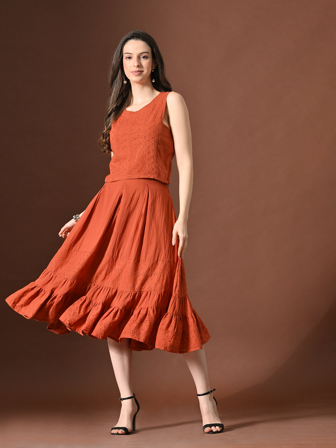 Myshka Women Rust Pure Cotton Sleeveless Schiffli Top and Flared Skirt | Grocsy