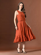 Myshka Women Rust Pure Cotton Sleeveless Schiffli Top and Flared Skirt | Grocsy
