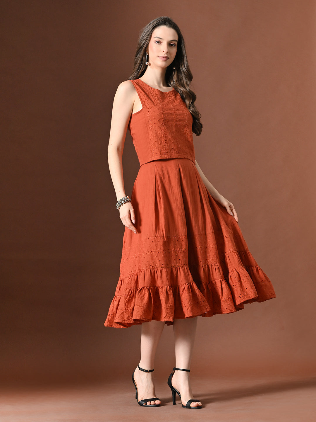 Myshka Women Rust Pure Cotton Sleeveless Schiffli Top and Flared Skirt | Grocsy