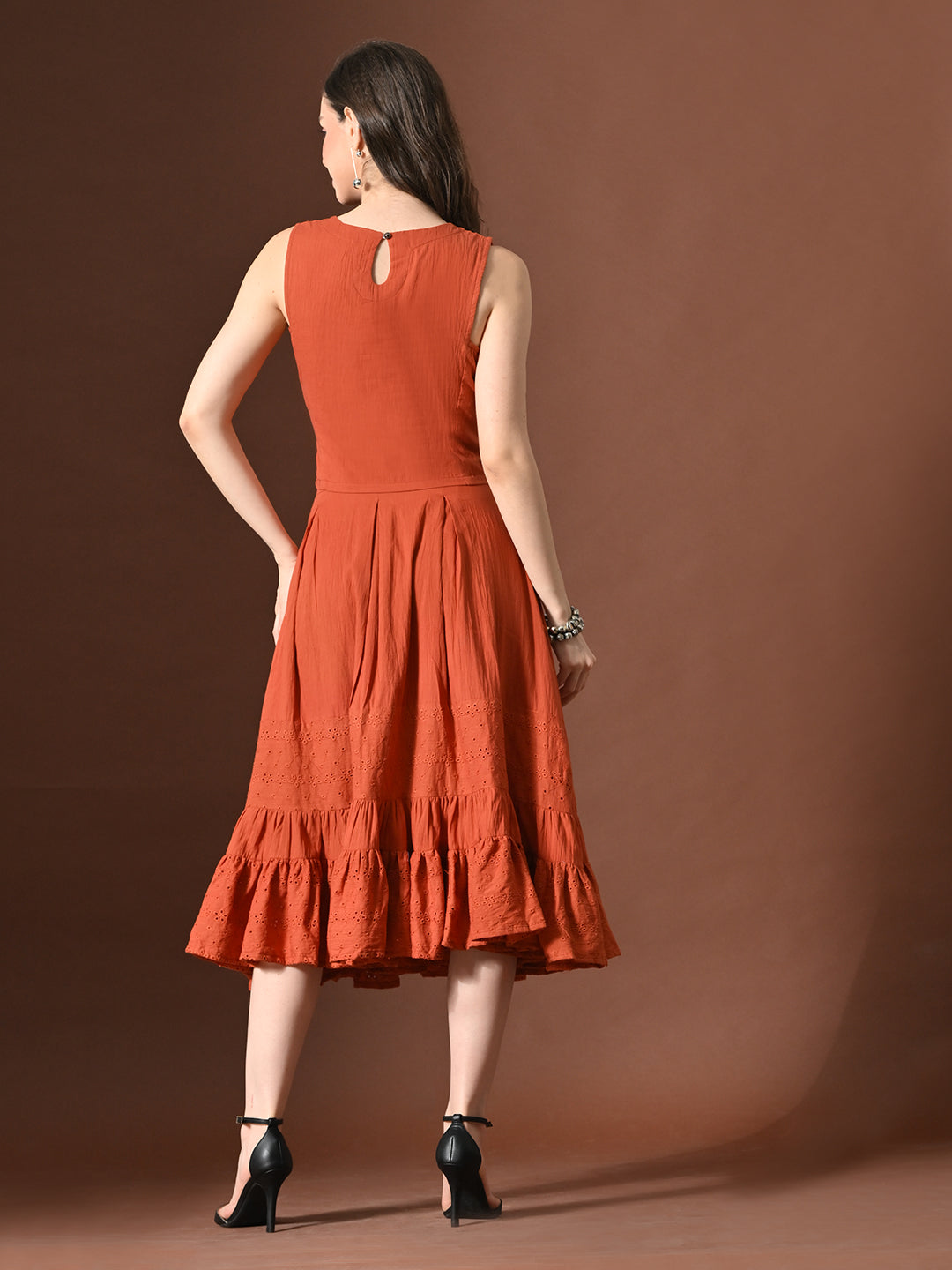 Myshka Women Rust Pure Cotton Sleeveless Schiffli Top and Flared Skirt | Grocsy