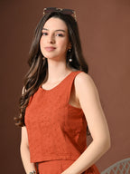 Myshka Women Rust Pure Cotton Sleeveless Schiffli Top and Flared Skirt | Grocsy