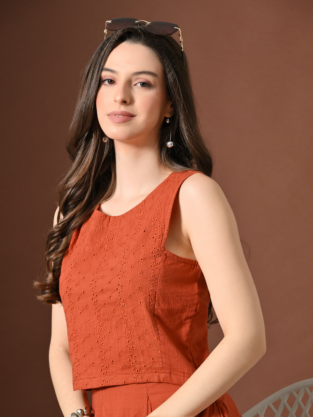 Myshka Women Rust Pure Cotton Sleeveless Schiffli Top and Flared Skirt | Grocsy