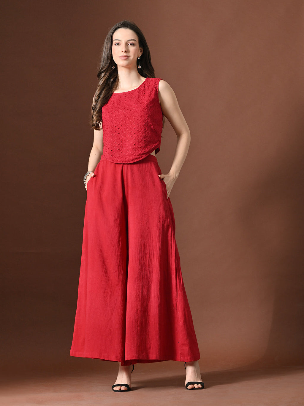 Myshka Women Red Pure Cotton Sleeveless Schiffli Top with Flared Trouser | Grocsy