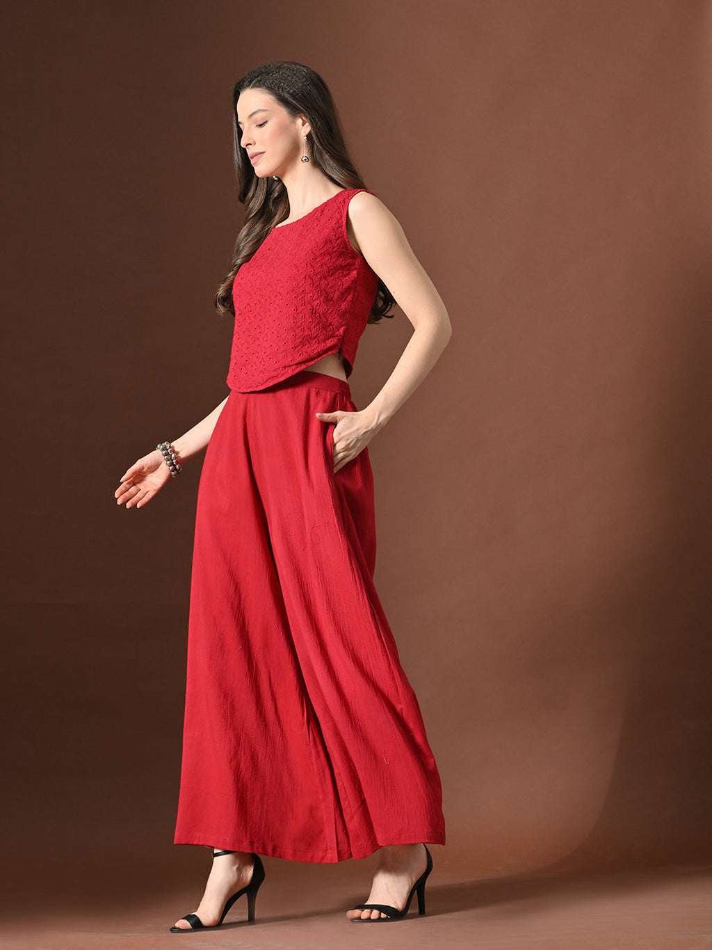 Myshka Women Red Pure Cotton Sleeveless Schiffli Top with Flared Trouser | Grocsy