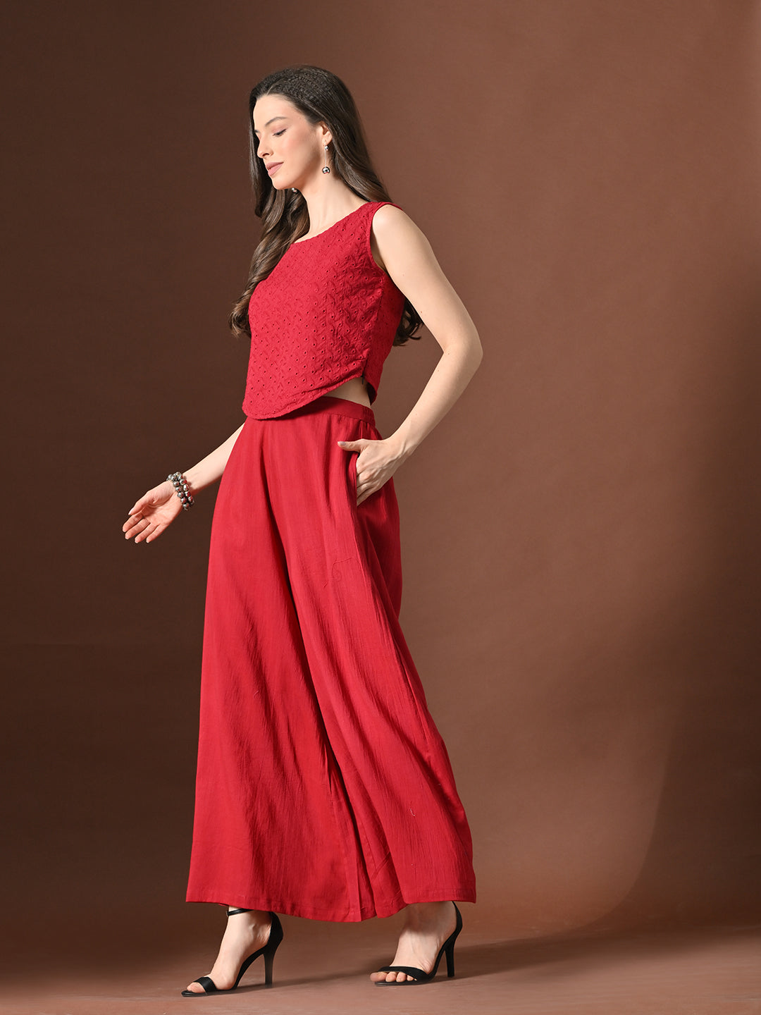 Myshka Women Red Pure Cotton Sleeveless Schiffli Top with Flared Trouser | Grocsy