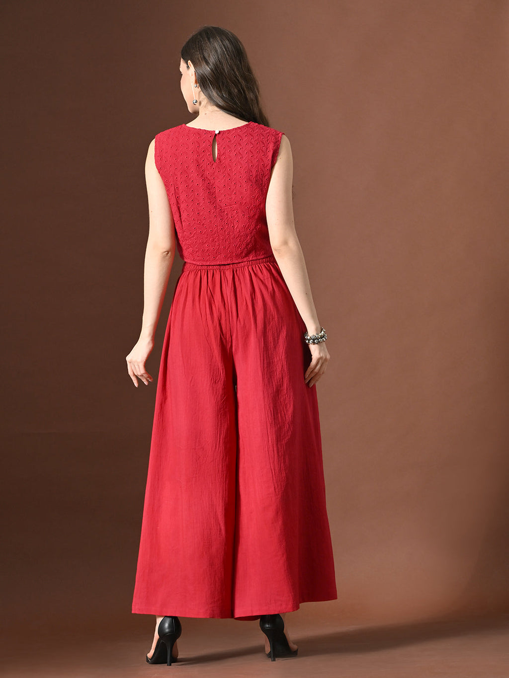 Myshka Women Red Pure Cotton Sleeveless Schiffli Top with Flared Trouser | Grocsy