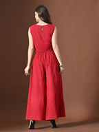 Myshka Women Red Pure Cotton Sleeveless Schiffli Top with Flared Trouser | Grocsy