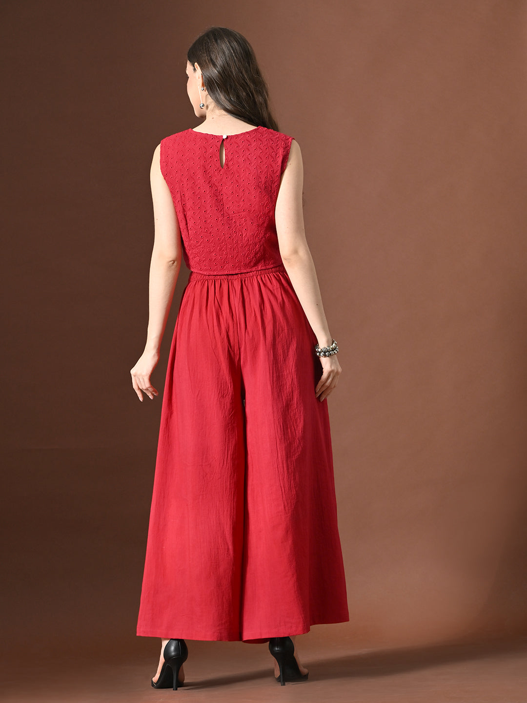 Myshka Women Red Pure Cotton Sleeveless Schiffli Top with Flared Trouser | Grocsy