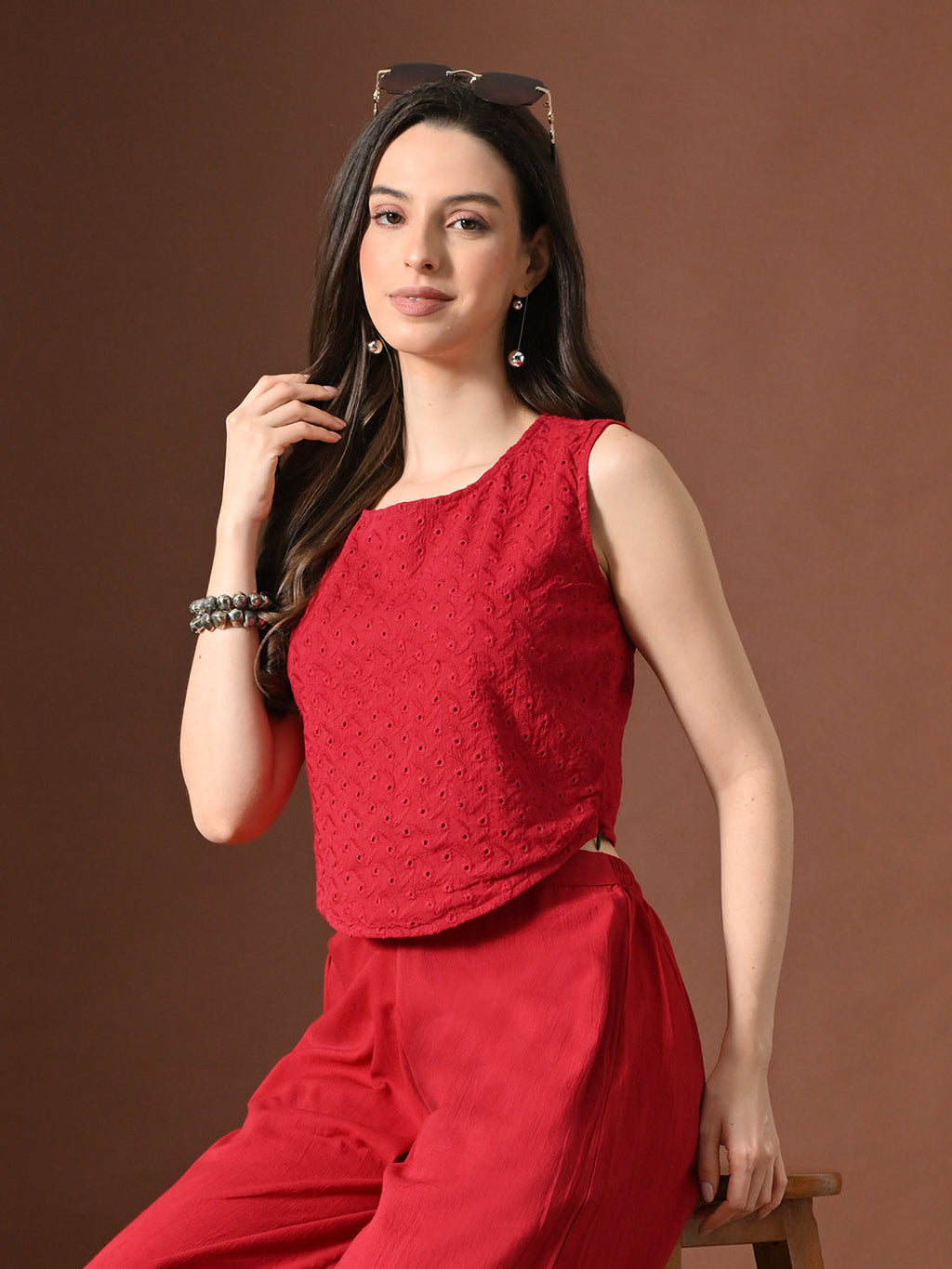 Myshka Women Red Pure Cotton Sleeveless Schiffli Top with Flared Trouser | Grocsy
