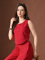 Myshka Women Red Pure Cotton Sleeveless Schiffli Top with Flared Trouser | Grocsy