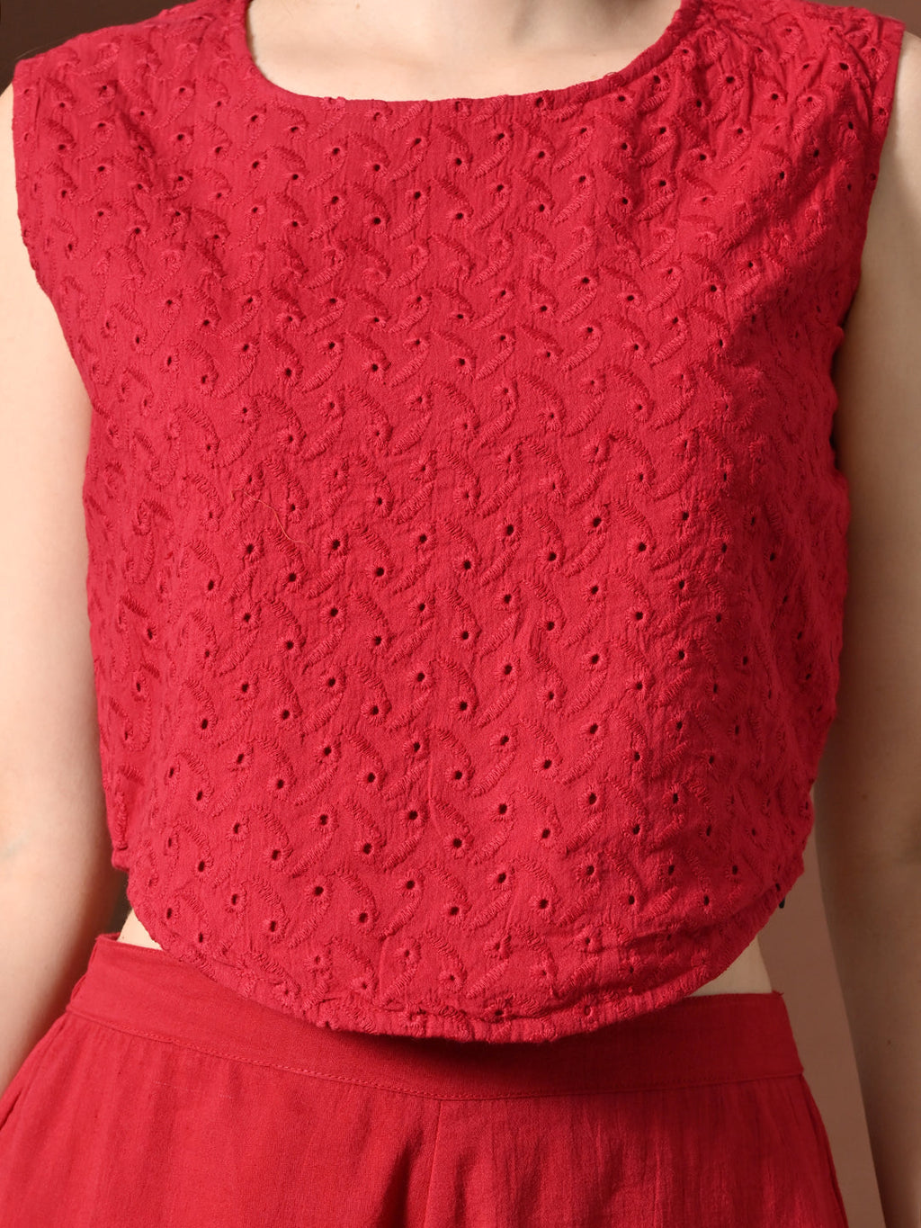 Myshka Women Red Pure Cotton Sleeveless Schiffli Top with Flared Trouser | Grocsy