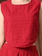 Myshka Women Red Pure Cotton Sleeveless Schiffli Top with Flared Trouser | Grocsy