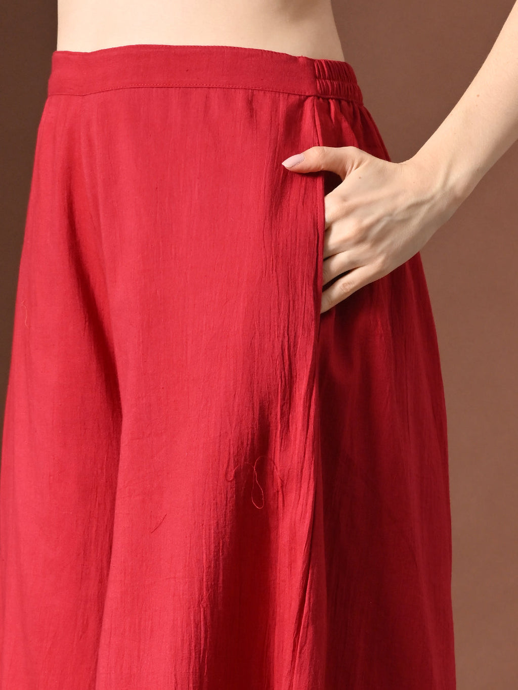 Myshka Women Red Pure Cotton Sleeveless Schiffli Top with Flared Trouser | Grocsy