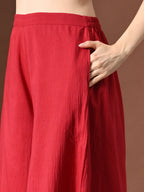 Myshka Women Red Pure Cotton Sleeveless Schiffli Top with Flared Trouser | Grocsy