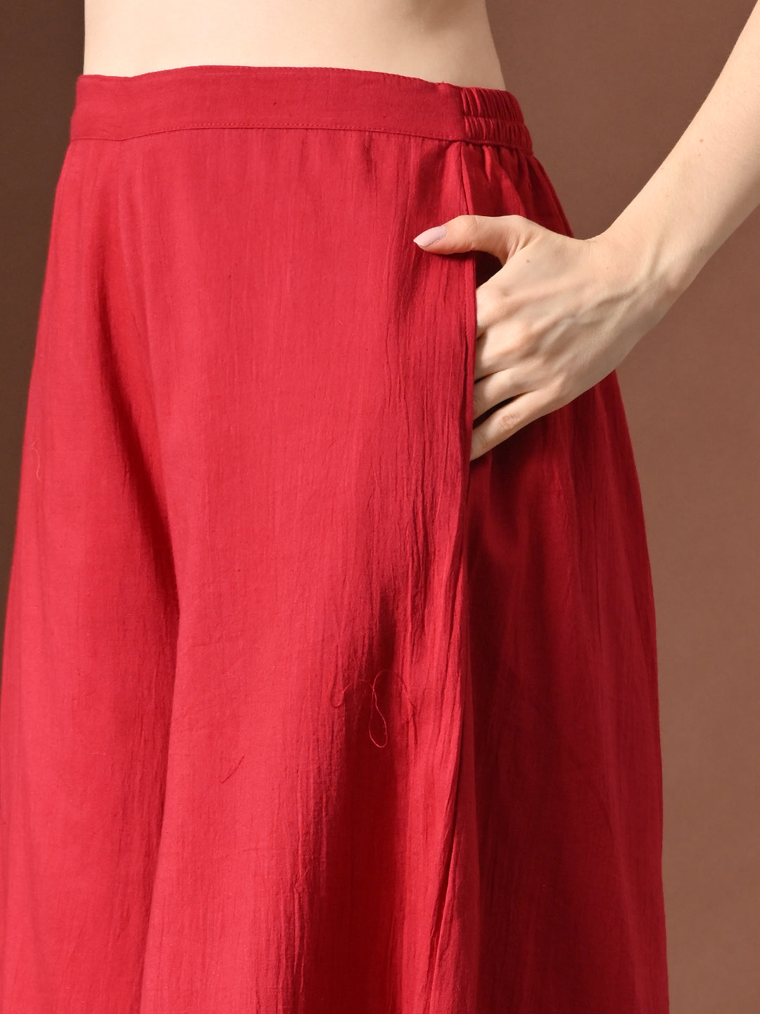 Myshka Women Red Pure Cotton Sleeveless Schiffli Top with Flared Trouser | Grocsy