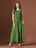 Myshka Women Green Pure Cotton Sleeveless Schiffli Top with Flared Trouser | Grocsy