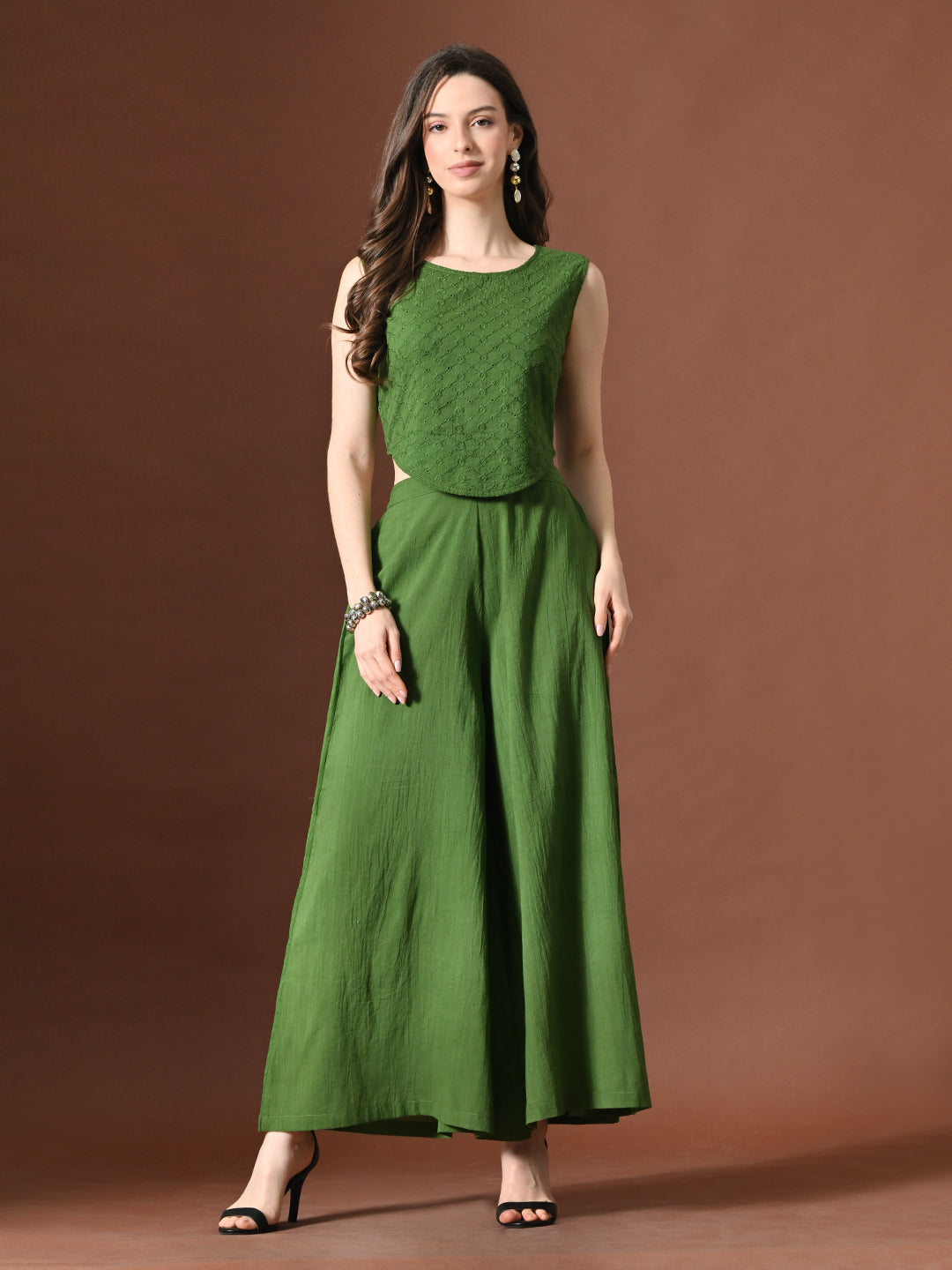 Myshka Women Green Pure Cotton Sleeveless Schiffli Top with Flared Trouser | Grocsy