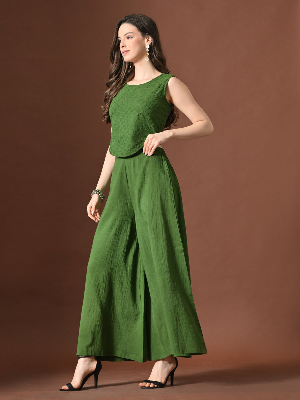 Myshka Women Green Pure Cotton Sleeveless Schiffli Top with Flared Trouser | Grocsy