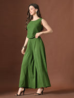 Myshka Women Green Pure Cotton Sleeveless Schiffli Top with Flared Trouser | Grocsy