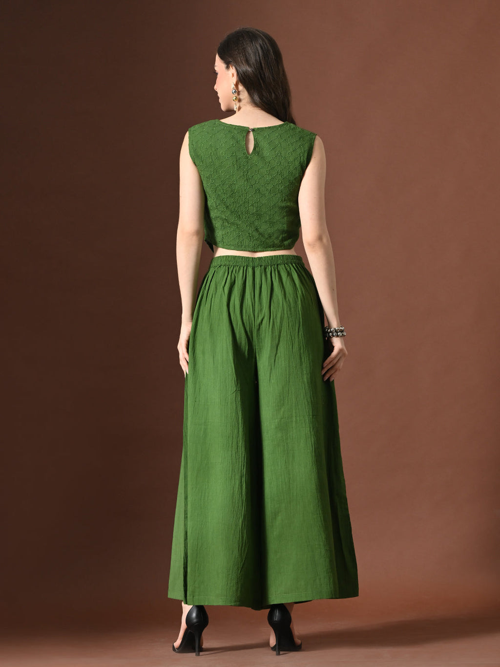 Myshka Women Green Pure Cotton Sleeveless Schiffli Top with Flared Trouser | Grocsy
