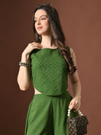 Myshka Women Green Pure Cotton Sleeveless Schiffli Top with Flared Trouser | Grocsy