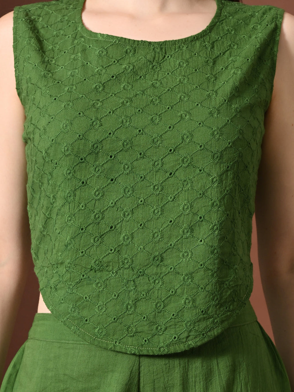 Myshka Women Green Pure Cotton Sleeveless Schiffli Top with Flared Trouser | Grocsy