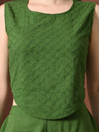 Myshka Women Green Pure Cotton Sleeveless Schiffli Top with Flared Trouser | Grocsy