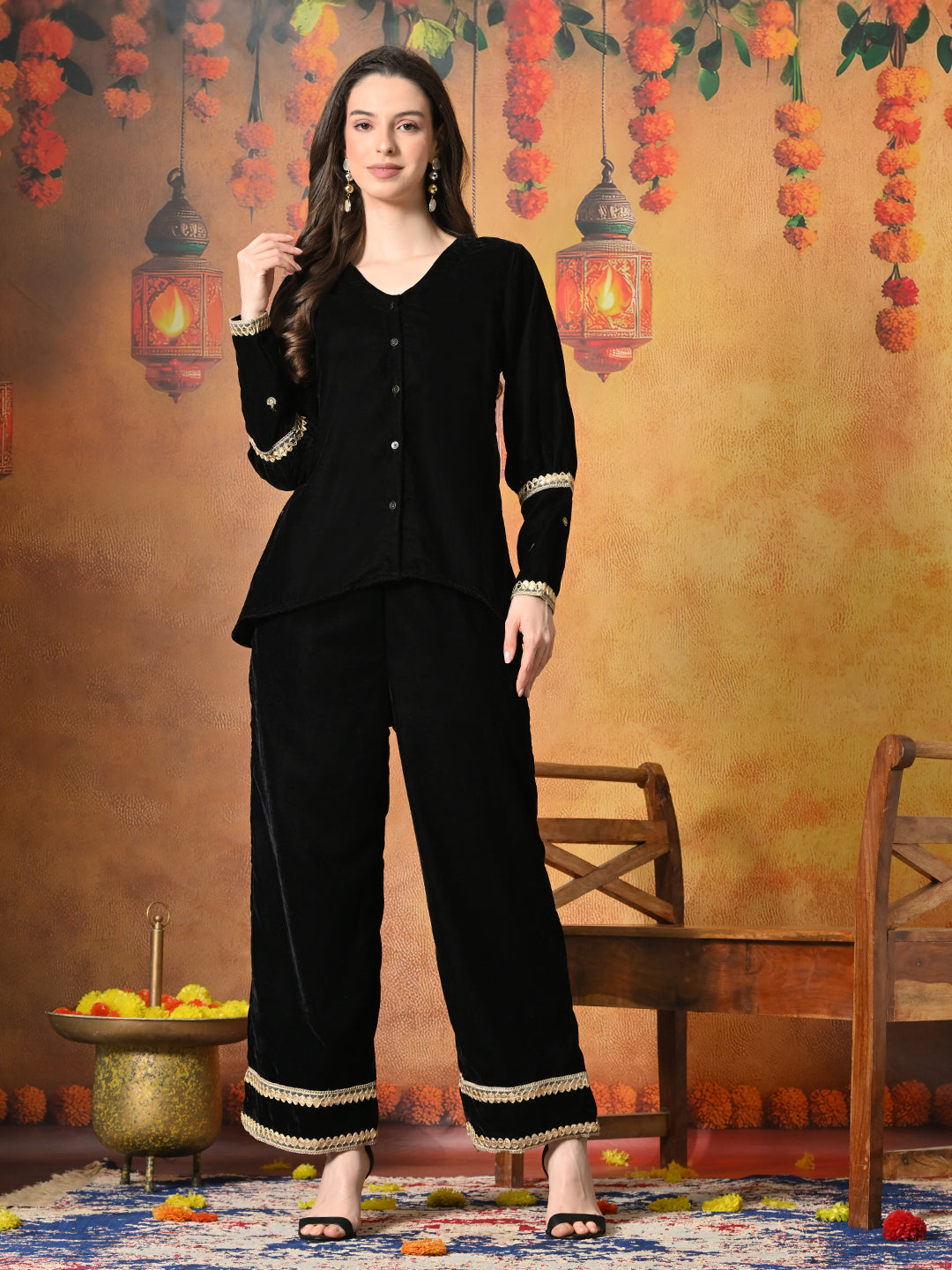 Myshka Women Black Velvet Shirt Embroidered Full Sleeves with Flared Trouser | Grocsy