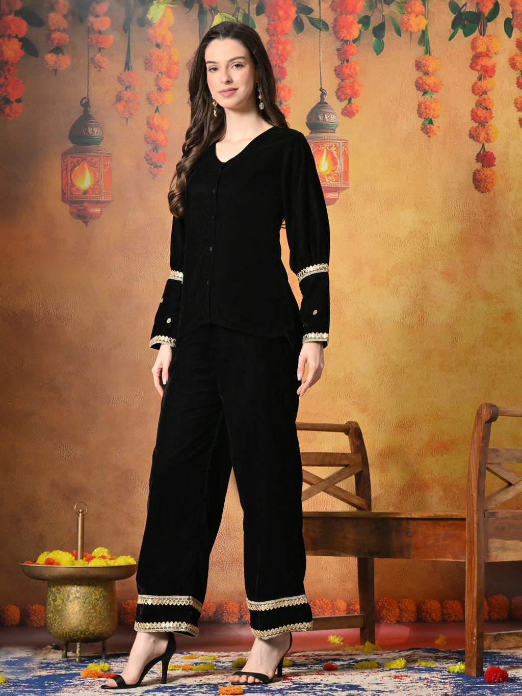 Myshka Women Black Velvet Shirt Embroidered Full Sleeves with Flared Trouser | Grocsy