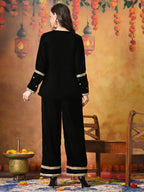 Myshka Women Black Velvet Shirt Embroidered Full Sleeves with Flared Trouser | Grocsy