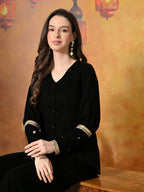 Myshka Women Black Velvet Shirt Embroidered Full Sleeves with Flared Trouser | Grocsy