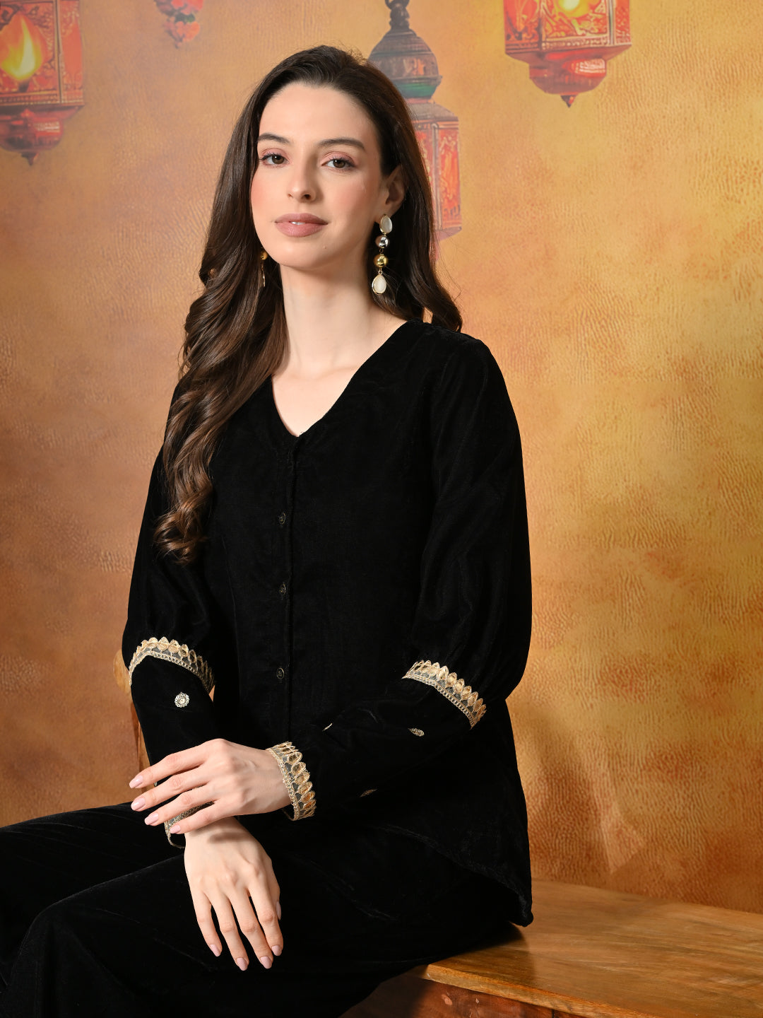 Myshka Women Black Velvet Shirt Embroidered Full Sleeves with Flared Trouser | Grocsy